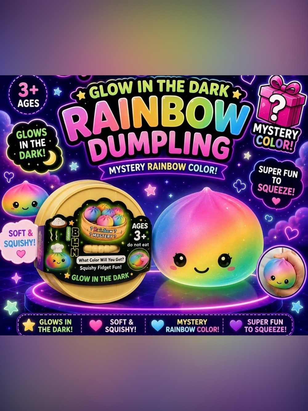 Glow-in-the-Dark Rainbow Dumpling Squishy Toy - Mystery Colors